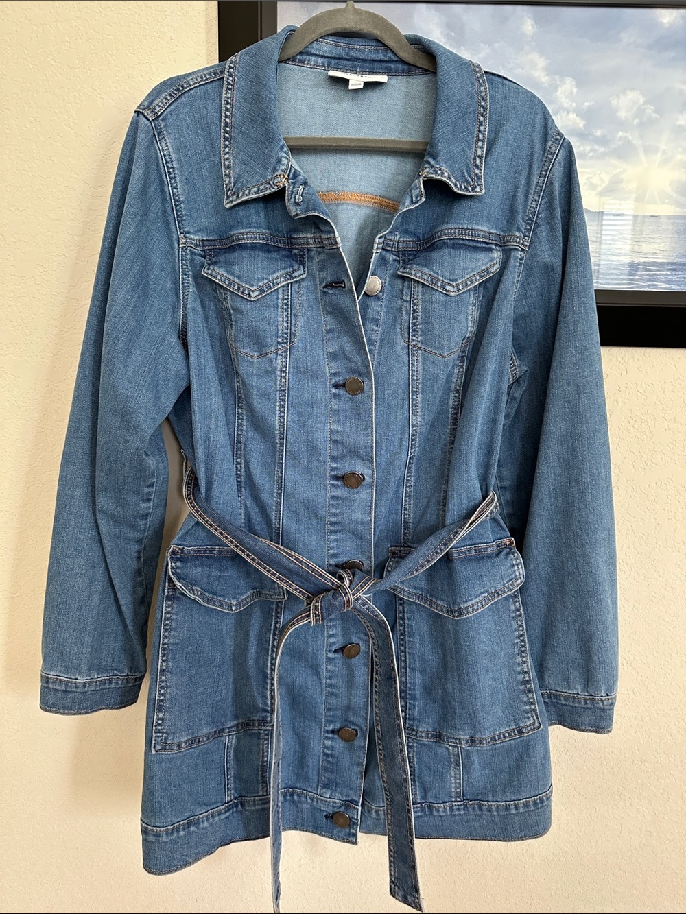 Lane Bryant Belted Denim Trench Jacket Blue Longline Jean Coat Plus 16W